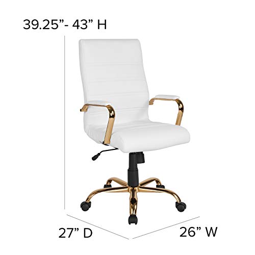 EMMA + OLIVER High Back White LeatherSoft Executive Swivel Office Chair with Gold Frame/Arms