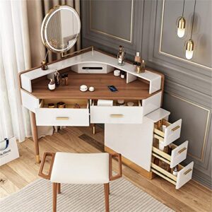 i-POOK Luxury Modern Corner Vanity Table Set with 17.51" Touched Led Lights Mirror, 1 USB Plug and 2 Two-Prong Outsiat, White Wood Makeup Dressing Table with Stools for Girls Bedroom