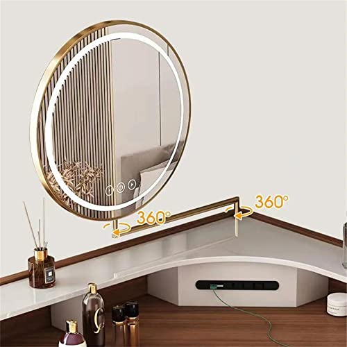 i-POOK Luxury Modern Corner Vanity Table Set with 17.51" Touched Led Lights Mirror, 1 USB Plug and 2 Two-Prong Outsiat, White Wood Makeup Dressing Table with Stools for Girls Bedroom