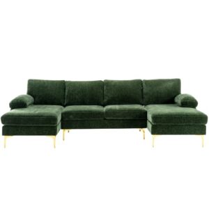 olela u shape sectional sofa,modern large chenille fabric modular couch,extra wide sofa with chaise lounge and golden legs for living room (green)