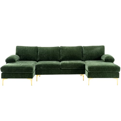 Olela U Shape Sectional Sofa,Modern Large Chenille Fabric Modular Couch,Extra Wide Sofa with Chaise Lounge and Golden Legs for Living Room (Green)