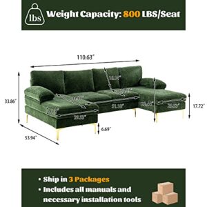 Olela U Shape Sectional Sofa,Modern Large Chenille Fabric Modular Couch,Extra Wide Sofa with Chaise Lounge and Golden Legs for Living Room (Green)