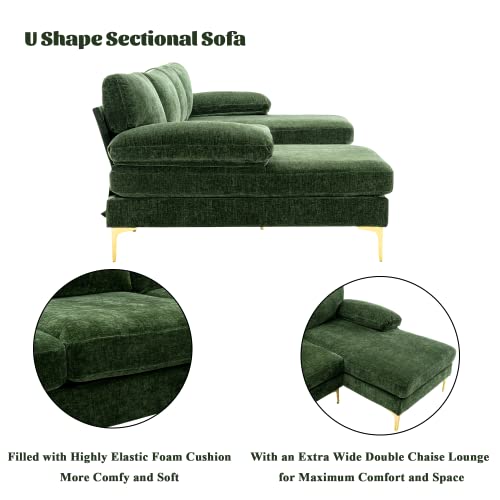 Olela U Shape Sectional Sofa,Modern Large Chenille Fabric Modular Couch,Extra Wide Sofa with Chaise Lounge and Golden Legs for Living Room (Green)