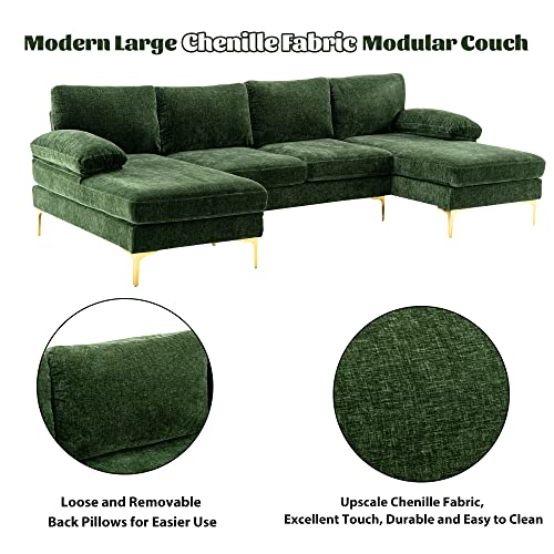 Olela U Shape Sectional Sofa,Modern Large Chenille Fabric Modular Couch,Extra Wide Sofa with Chaise Lounge and Golden Legs for Living Room (Green)