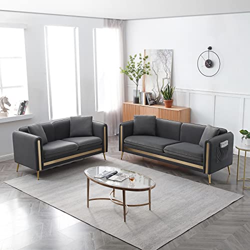 Homtique 2 Piece Sofas Set for Living Room, Modern Upholstered Sectional Loveseat and Sofa Set, Gold Metal Legs, 4 Pillows Included, Velvet Sofa Couch Furniture for Bedroom, Apartment, Office (Grey)