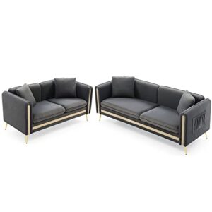 Homtique 2 Piece Sofas Set for Living Room, Modern Upholstered Sectional Loveseat and Sofa Set, Gold Metal Legs, 4 Pillows Included, Velvet Sofa Couch Furniture for Bedroom, Apartment, Office (Grey)