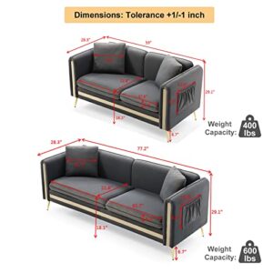 Homtique 2 Piece Sofas Set for Living Room, Modern Upholstered Sectional Loveseat and Sofa Set, Gold Metal Legs, 4 Pillows Included, Velvet Sofa Couch Furniture for Bedroom, Apartment, Office (Grey)