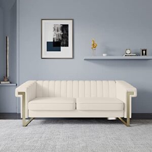 mgh modern sofa,collection contemporary velvet upholstered sofa couch with stainless steel base,83.86“ lx 30.70“ wx 30.51“ h(beige)