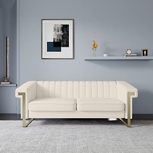 MGH Modern Sofa,Collection Contemporary Velvet Upholstered Sofa Couch with Stainless Steel Base,83.86“ Lx 30.70“ Wx 30.51“ H(Beige)