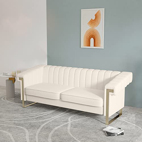 MGH Modern Sofa,Collection Contemporary Velvet Upholstered Sofa Couch with Stainless Steel Base,83.86“ Lx 30.70“ Wx 30.51“ H(Beige)