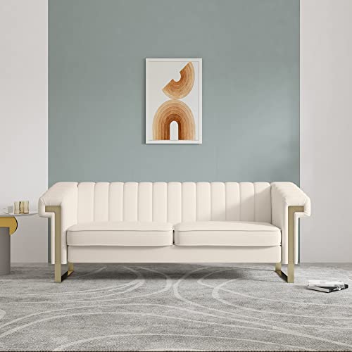 MGH Modern Sofa,Collection Contemporary Velvet Upholstered Sofa Couch with Stainless Steel Base,83.86“ Lx 30.70“ Wx 30.51“ H(Beige)