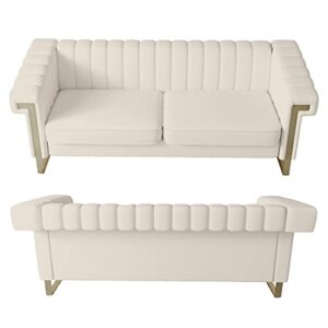 MGH Modern Sofa,Collection Contemporary Velvet Upholstered Sofa Couch with Stainless Steel Base,83.86“ Lx 30.70“ Wx 30.51“ H(Beige)