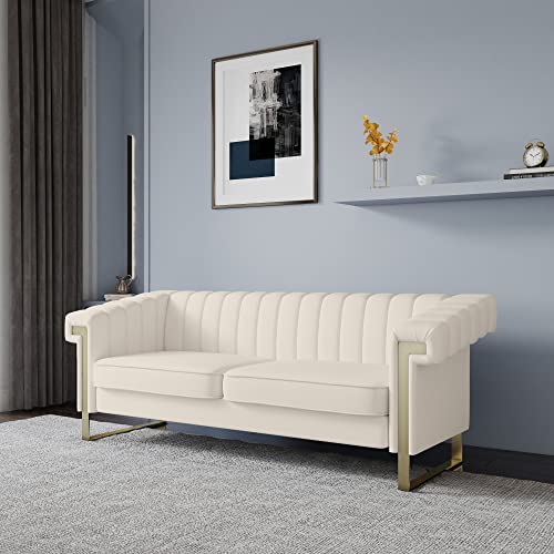 MGH Modern Sofa,Collection Contemporary Velvet Upholstered Sofa Couch with Stainless Steel Base,83.86“ Lx 30.70“ Wx 30.51“ H(Beige)