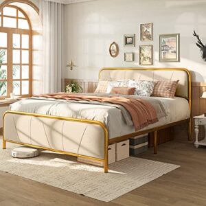 gizoon queen size bed frame, platform bed frame with upholstered headboard, golden heavy duty metal mattress foundation & steel slats, sturdy, noise free, no box spring needed (beige)