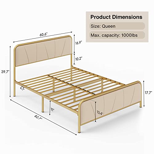 Gizoon Queen Size Bed Frame, Platform Bed Frame with Upholstered Headboard, Golden Heavy Duty Metal Mattress Foundation & Steel Slats, Sturdy, Noise Free, No Box Spring Needed (Beige)