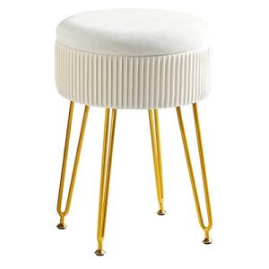 Velvet Storage Ottoman Foot Rest, Upholstered Pleated Round Footrest Vanity Stool with Metal Legs, Coffee Table Top Cover, Modern Accent Stools,Makeup Footstool, Suitable for Living Room and Bedroom