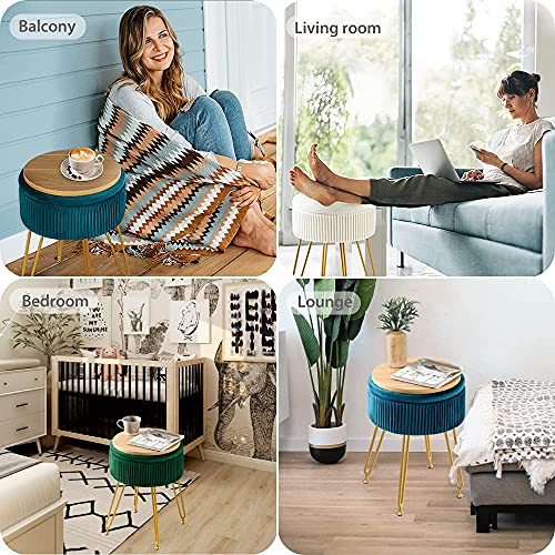 Velvet Storage Ottoman Foot Rest, Upholstered Pleated Round Footrest Vanity Stool with Metal Legs, Coffee Table Top Cover, Modern Accent Stools,Makeup Footstool, Suitable for Living Room and Bedroom