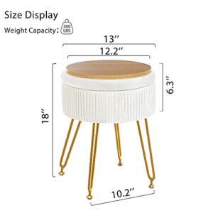 Velvet Storage Ottoman Foot Rest, Upholstered Pleated Round Footrest Vanity Stool with Metal Legs, Coffee Table Top Cover, Modern Accent Stools,Makeup Footstool, Suitable for Living Room and Bedroom