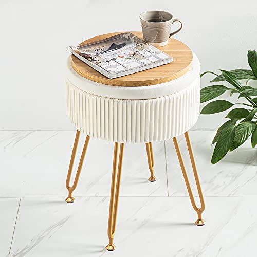 Velvet Storage Ottoman Foot Rest, Upholstered Pleated Round Footrest Vanity Stool with Metal Legs, Coffee Table Top Cover, Modern Accent Stools,Makeup Footstool, Suitable for Living Room and Bedroom