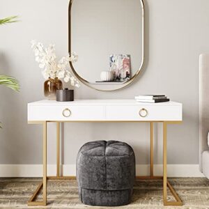 belleze modern 45 inch makeup vanity dressing table or home office computer laptop writing desk with two storage drawers, wood top, and gold metal frame – chelsea (white)