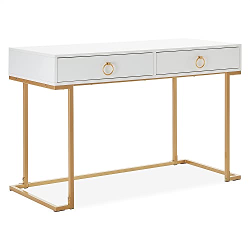 BELLEZE Modern 45 Inch Makeup Vanity Dressing Table or Home Office Computer Laptop Writing Desk with Two Storage Drawers, Wood Top, and Gold Metal Frame - Chelsea (White)