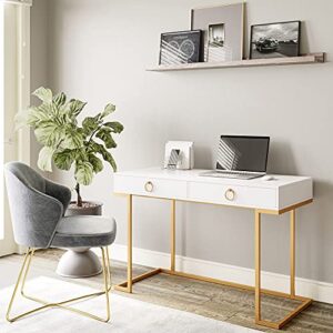 BELLEZE Modern 45 Inch Makeup Vanity Dressing Table or Home Office Computer Laptop Writing Desk with Two Storage Drawers, Wood Top, and Gold Metal Frame - Chelsea (White)