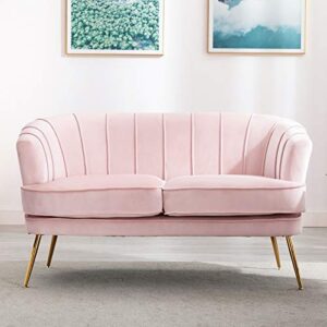 Artechworks Contemporary Velvet Loveseat Chair with Gold-Finished Metal Legs, 2-Seat Sofa for Living Room, Bedroom, Home Office, Apartment,Small Spaces, Light Pink