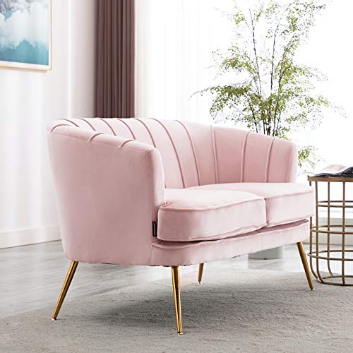 Artechworks Contemporary Velvet Loveseat Chair with Gold-Finished Metal Legs, 2-Seat Sofa for Living Room, Bedroom, Home Office, Apartment,Small Spaces, Light Pink