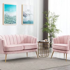 Artechworks Contemporary Velvet Loveseat Chair with Gold-Finished Metal Legs, 2-Seat Sofa for Living Room, Bedroom, Home Office, Apartment,Small Spaces, Light Pink