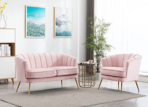 Artechworks Contemporary Velvet Loveseat Chair with Gold-Finished Metal Legs, 2-Seat Sofa for Living Room, Bedroom, Home Office, Apartment,Small Spaces, Light Pink