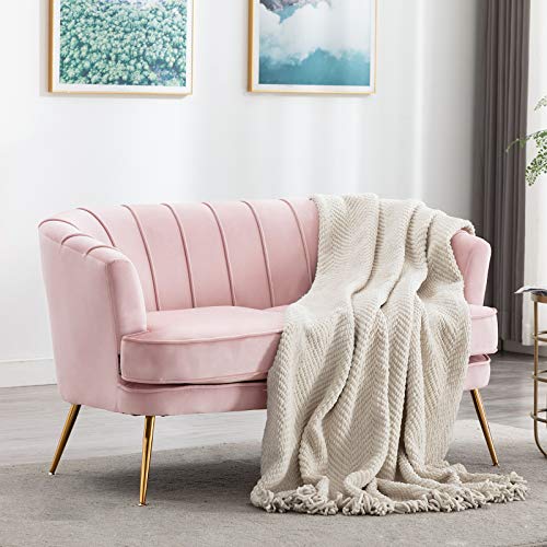 Artechworks Contemporary Velvet Loveseat Chair with Gold-Finished Metal Legs, 2-Seat Sofa for Living Room, Bedroom, Home Office, Apartment,Small Spaces, Light Pink