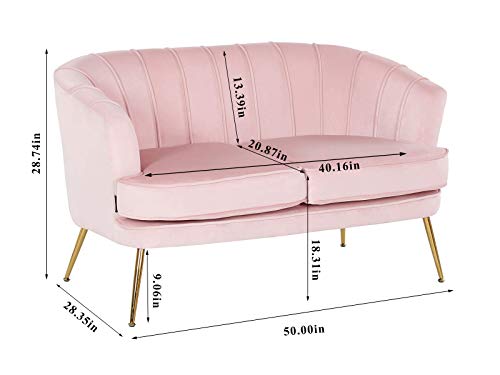 Artechworks Contemporary Velvet Loveseat Chair with Gold-Finished Metal Legs, 2-Seat Sofa for Living Room, Bedroom, Home Office, Apartment,Small Spaces, Light Pink