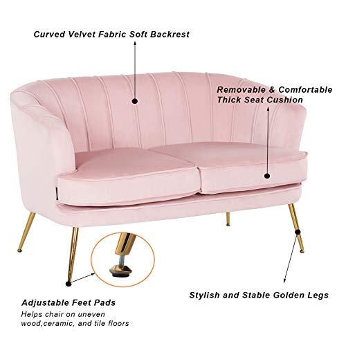 Artechworks Contemporary Velvet Loveseat Chair with Gold-Finished Metal Legs, 2-Seat Sofa for Living Room, Bedroom, Home Office, Apartment,Small Spaces, Light Pink