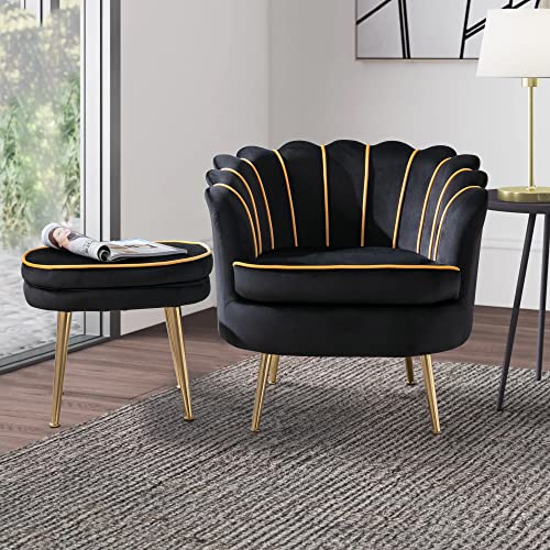 QHITTY Velvet Accent Chair with Ottoman, Upholstered Chair Modern Tufted Barrel Chair Ottoman Set for Living Room, Bedroom, Office (Black)