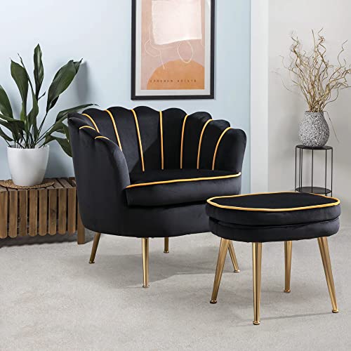 QHITTY Velvet Accent Chair with Ottoman, Upholstered Chair Modern Tufted Barrel Chair Ottoman Set for Living Room, Bedroom, Office (Black)