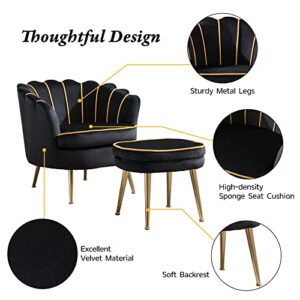 QHITTY Velvet Accent Chair with Ottoman, Upholstered Chair Modern Tufted Barrel Chair Ottoman Set for Living Room, Bedroom, Office (Black)