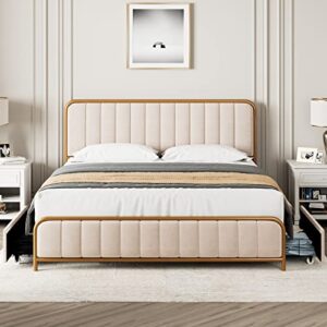 hithos upholstered full size bed frame with 4 storage drawers and headboard, heavy duty metal mattress foundation with wooden slats, easy assembly, no box spring needed (golden/off white, full)
