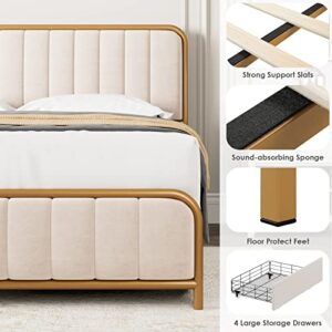 HITHOS Upholstered Full Size Bed Frame with 4 Storage Drawers and Headboard, Heavy Duty Metal Mattress Foundation with Wooden Slats, Easy Assembly, No Box Spring Needed (Golden/Off White, Full)