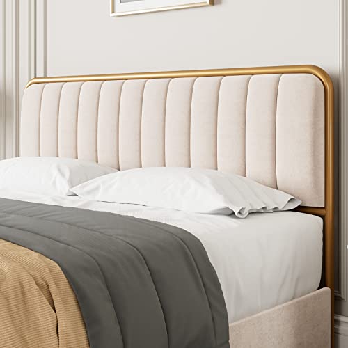 HITHOS Upholstered Full Size Bed Frame with 4 Storage Drawers and Headboard, Heavy Duty Metal Mattress Foundation with Wooden Slats, Easy Assembly, No Box Spring Needed (Golden/Off White, Full)