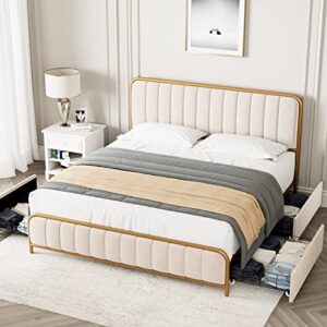 HITHOS Upholstered Full Size Bed Frame with 4 Storage Drawers and Headboard, Heavy Duty Metal Mattress Foundation with Wooden Slats, Easy Assembly, No Box Spring Needed (Golden/Off White, Full)
