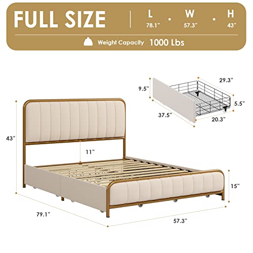 HITHOS Upholstered Full Size Bed Frame with 4 Storage Drawers and Headboard, Heavy Duty Metal Mattress Foundation with Wooden Slats, Easy Assembly, No Box Spring Needed (Golden/Off White, Full)