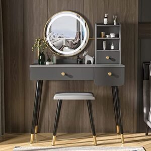 vanity desk,make vanity set with touch screen dimming mirror, 3 color lighting modes, dressing table with 3 sliding drawers, modern bedroom makeup table and cushioned stool set for women girls