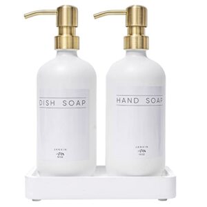 janxin glass soap dispenser for kitchen with stainless steel pump and wood tray, modern bathroom soap dispenser with waterproof labels for hand soap, dish soap, lotion(white bottles+gold pumps)