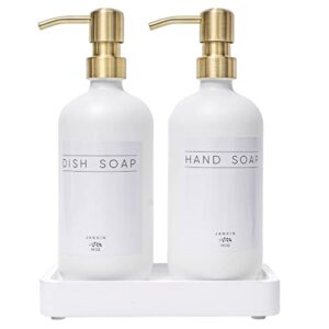 Janxin Glass Soap Dispenser for Kitchen with Stainless Steel Pump and Wood Tray, Modern Bathroom Soap Dispenser with Waterproof Labels for Hand Soap, Dish Soap, Lotion(White Bottles+Gold Pumps)