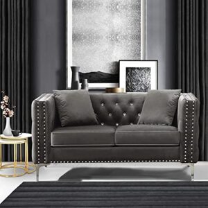 mikibama velvet loveseat with jeweled buttons and square arms 59 inch tufted sofa with trimmed nailhead and metal legs loveseat couch with 2 pillows for living room, bedroom and office (gray)
