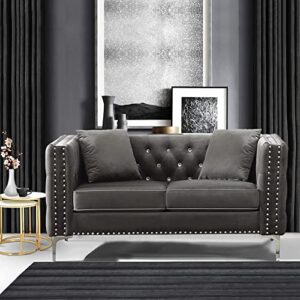 mikibama Velvet Loveseat with Jeweled Buttons and Square Arms 59 Inch Tufted Sofa with Trimmed Nailhead and Metal Legs Loveseat Couch with 2 Pillows for Living Room, Bedroom and Office (Gray)