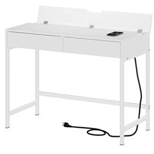 treocho computer desk with usb charging ports and power outlets, modern simple 40 inch white desk with 2 drawers, vanity desk, makeup table for home office, bedroom
