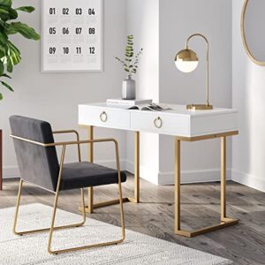 nathan james leighton two-drawer writing glam accents brass, home office computer desk or vanity table, 2, white/gold