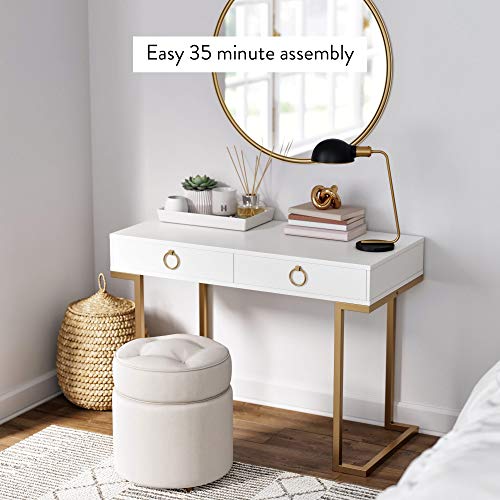 Nathan James Leighton Two-Drawer Writing Glam Accents Brass, Home Office Computer Desk or Vanity Table, 2, White/Gold