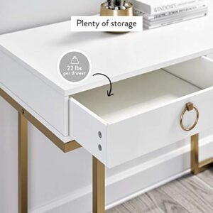 Nathan James Leighton Two-Drawer Writing Glam Accents Brass, Home Office Computer Desk or Vanity Table, 2, White/Gold